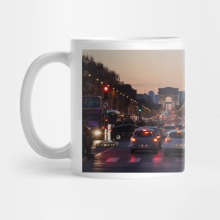 Traffic jam on Champs Elysees, Arc de Triomphe, Paris, France Mug